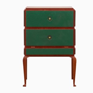PH Small Drawer Chest with Wooden Legs, Mahogany Veneer, Green Leather & Ash Drawers