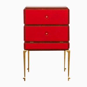 PH Small Drawer Chest with Brass Legs, Mahogany Veneer, Red Leather & Ash Drawers