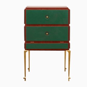 PH Small Drawer Chest with Brass Legs, Mahogany Veneer, Green Leather & Ash Drawers