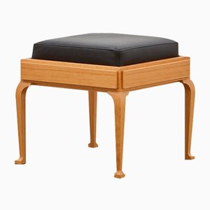 PH Stool with Wooden Legs, Natural Oak Veneer & Aniline Black Leather Seat