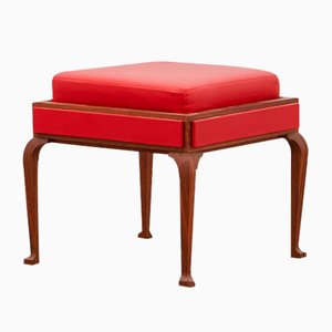 PH Stool with Wooden Legs, Mahogany Veneer & Red Leather on Panels and Seat