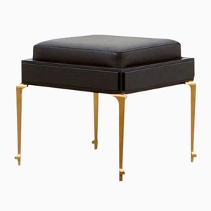 PH Stool with Brass Legs, Black Oak Veneer & Aniline Black Leather Seat