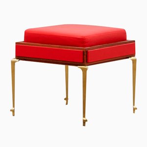 PH Stool with Brass Legs, Mahogany Veneer & Red Lamb Leather on Panels and Seat by Poul Henningsen