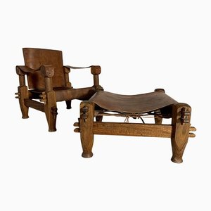 Brazilian Brutalist Safari Chair & Stool, Set of 2