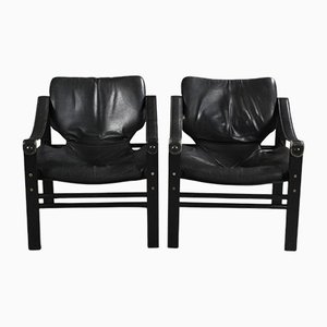 Black Leather Safari Lounge Chairs from Skipper Møbler, 1980s, Set of 2