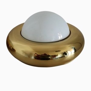Mid-Century Italian Flush Mount in Brass and Opaline Glass from Valenti Luce, 1970s