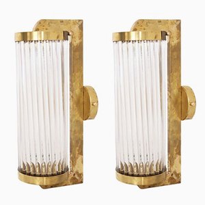 Italian Art Deco Style Wall Sconces with Long Glass Rods and Brass, Set of 2