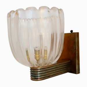 Italian Art Deco Style Brass and Murano Glass Wall Lights or Sconces, 1980s, Set of 2