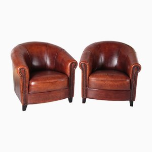 Joris Sheepskin Leather Armchairs with a Brown Patina, Set of 2