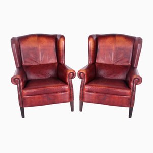 Sheepskin High Ear Armchairs with a Brown Patina, Set of 2