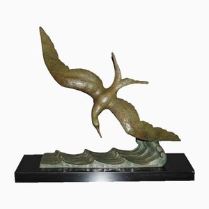 Garreau, Seagull in the Waves, 1930s, Green Bronze Sculpture