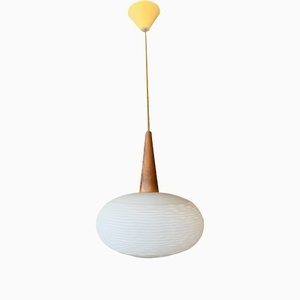 Mid-Century Teak and Opaline Pendant Light by Louis C. Kalff for Philips, 1960s