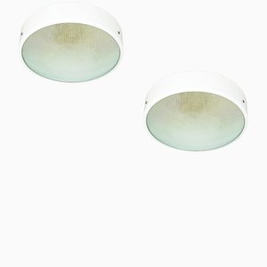White-Grey Metal and Optical Convex Glass Flushmount Lamps, 1950s, Set of 2