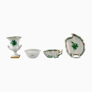 Hand-Painted Porcelain Herend Green Chinese Bouquet Vase and Three Bowls, Set of 4
