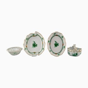 Hand-Painted Porcelain Herend Green Chinese Bouquet Four Bowls, Set of 4