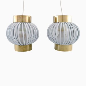 Brass and White Plastic Pendants, Set of 2
