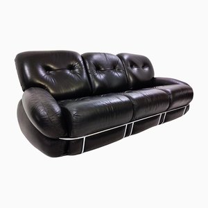 Mid-Century Modern Black Leather Sofa, Italy, 1960s
