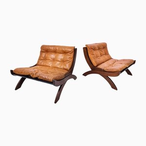 Poltrone Mid-Century moderne in pelle color cognac, Italia, anni '60, set di 2