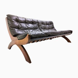 Modernes italienisches Mid-Century Sofa aus schwarzem Leder & Holz, 1960er