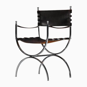 Leather & Chrome Savonarola Emperor Chair from Maison Jansen, 1970s