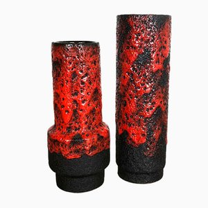 German Black-Red Pottery Fat Lava Vases by Jopeko, 1970s, Set of 2