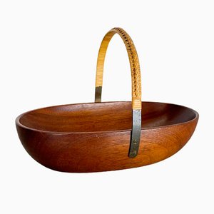 Austrian Teak Bowl with Brass and Rattan Handle by Carl Auböck, 1950s