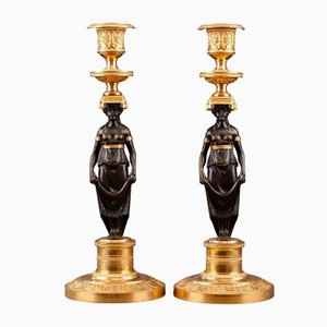 Patinated and Gilded Bronze Candlesticks, Set of 2