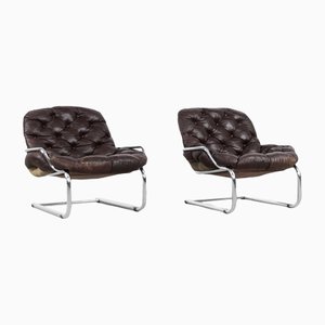 Mid-Century Modern Brown Leather Lounge Chair, 1960s, Set of 2