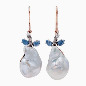 Baroque Pearl Sapphire Leaves Diamonds, 14kt Rose and White Gold Dangle Earrings