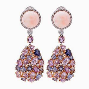 Diamonds, Amethysts, Iolites, Coral,18 Karat White and Yellow Gold Dangle Earrings
