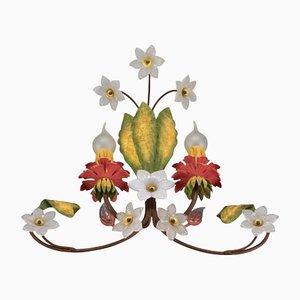 Italian Florentine Flower and Leaf Two-Light Polychrome Metal and Glass Sconce