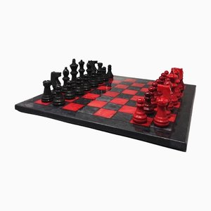 Handmade Red and Black Chess Set in Volterra Alabaster, Italy, 1970s, Set of 33