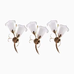 Italian 24 kt Gold-Plated Tulip Glass Wall Lamps, 1970, Set of 3