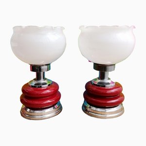 Large Mid-Century White Opal Glass Red Ceramic Table Torch Lamps, 1950s, Set of 2
