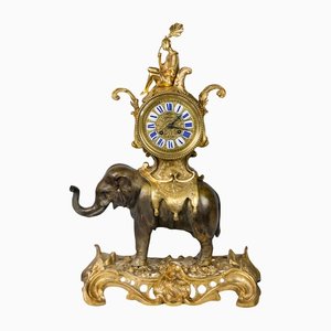 Horloge de Cheminée Éléphant en Bronze Doré, France, 19ème Siècle
