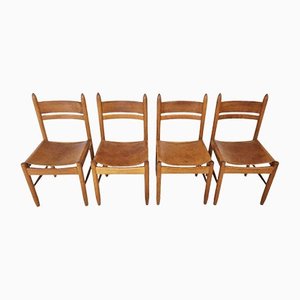 Vintage Oak and Leather Dining Chairs, 1960s, Set of 4