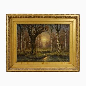 Y. Klever, Forest Landscape. Sunset, principios del siglo XX, óleo sobre lienzo, enmarcado