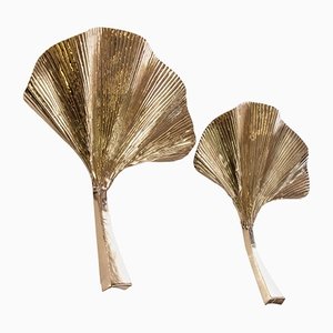 Golden Ginkgo Leaf Brass Wall Sconce, Italy, Set of 2