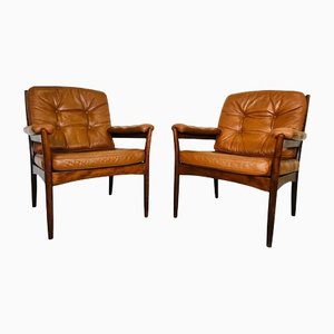 Mid-Century Swedish Cognac Leather Lounge Chairs from Gote Mobler, Set of 2