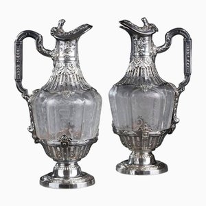 19th Century Silver & Crystal Engraved Ewer, Set of 2