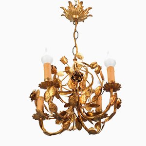 Lámpara de araña italiana florentina de hierro forjado dorado con cuatro luces