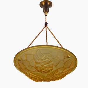 French Art Deco Frosted Amber Colored Pendant Light from ROS, 1930s