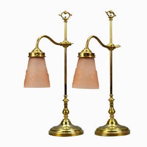 Art Deco Table Lamps in Pink with Glass Shades from Muller Frères, Set of 2