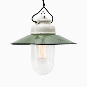 Vintage Industrial Green Enamel, Porcelain & Clear Glass Pendant Lamp