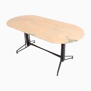 Ovaler Tisch aus Eisen, Messing & Holz mit Onyxplatte, 1950er