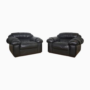 Black Leather Armchairs, 1970s, Set of 2