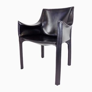 Black Leather Cab 413 Chair by Mario Bellini for Cassina