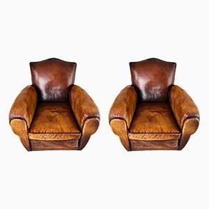 Art Deco Leather Chapeau De Gendarme Club Armchairs, Set of 2