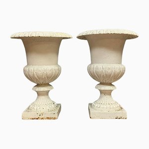 White Lacquered Cast Iron Medici Vases, Set of 2
