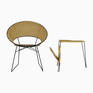 Set of French Rattan Chair & Table with Magazine Rack Set by Raoul Guys, 1950s